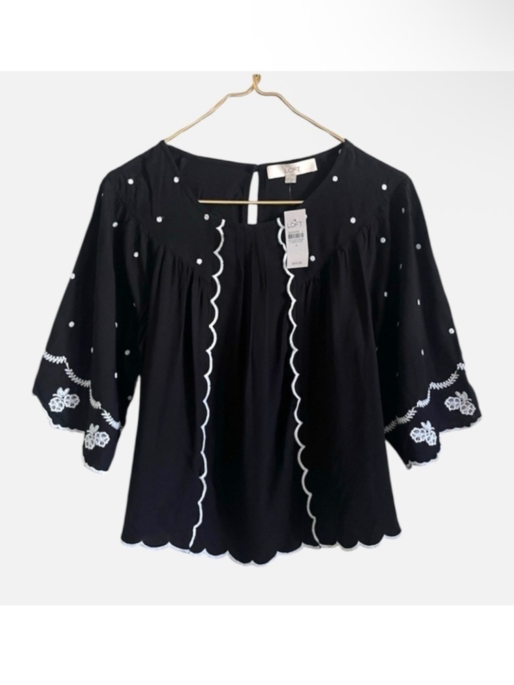 NWT LOFT Boho Romantic Black Scalloped Eyelet 3/4 Sleeve Blouse Top Black